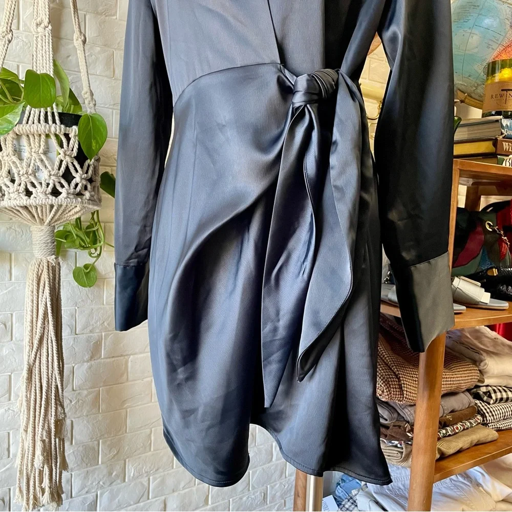 SOLD House of Harlow 1960 x Revolve Navy Satin Long Sleeve Mini Wrap Dress - Picture 8 of 14